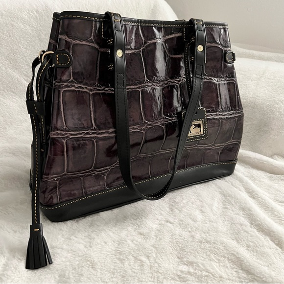 Dooney and Bourke Croco Purple Embossed Double Strapped Tassel Bag - Picture 2 of 13